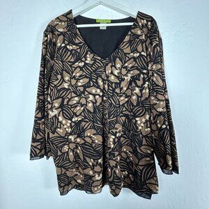 Sigrid Olsen Womens 2X Floral Print 3/4 Sleeve V-Neck Top Black Brown Casual